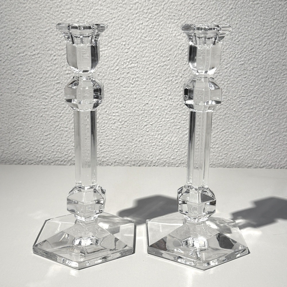 Vintage Val St Lambert Heavy Crystal 9-3/4" Candle Holders Sticks Set 2